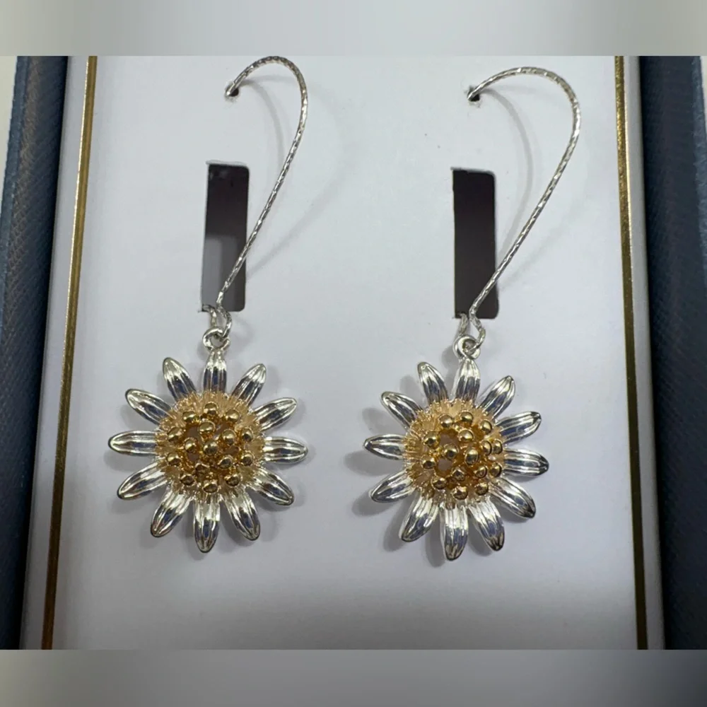 Silver and Gold Sunflower Earrings on Wires - Picture 2 of 3